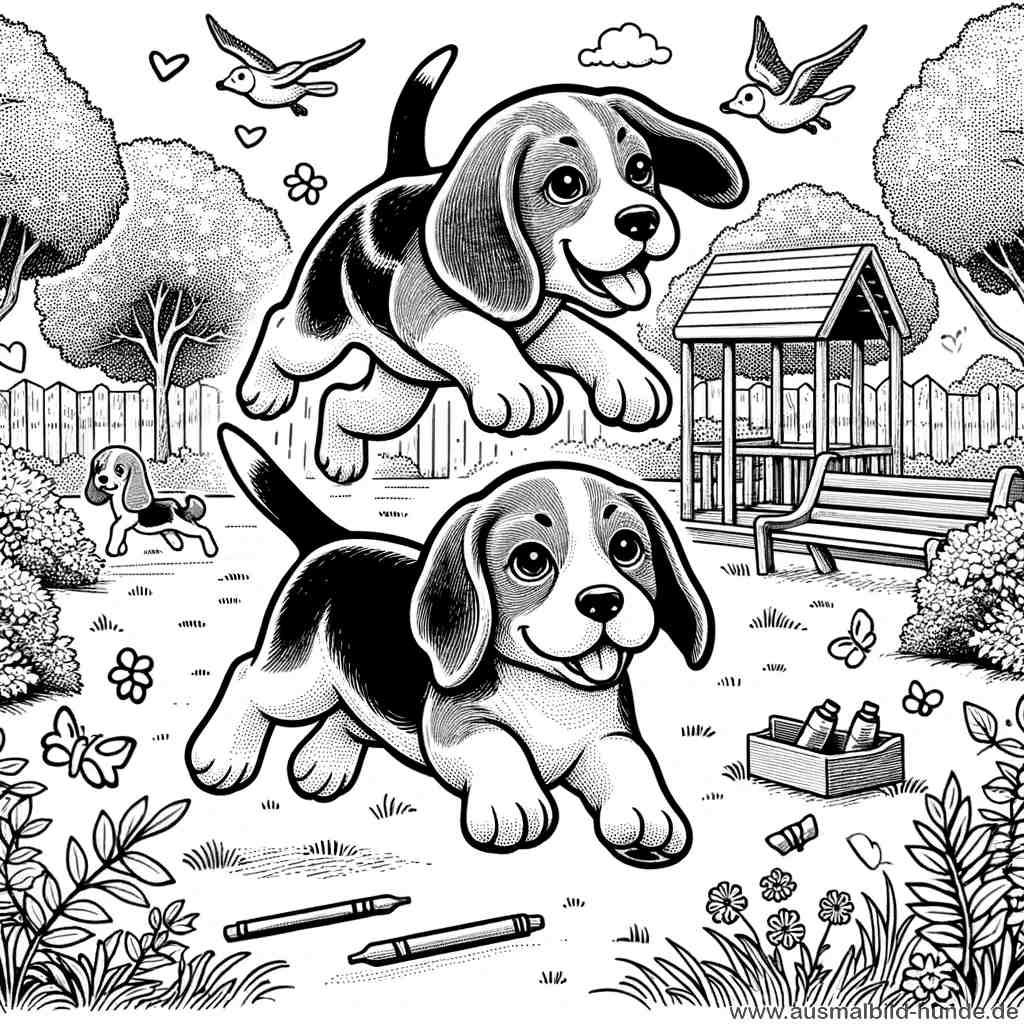 Ausmalbild Hunde Beagle - Das fröhliche Beagle Spiel