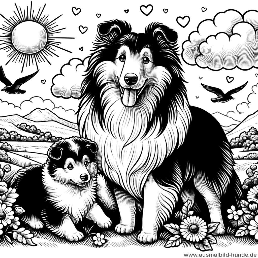 Ausmalbild Hunde Collie - Lottas liebevolle Familie