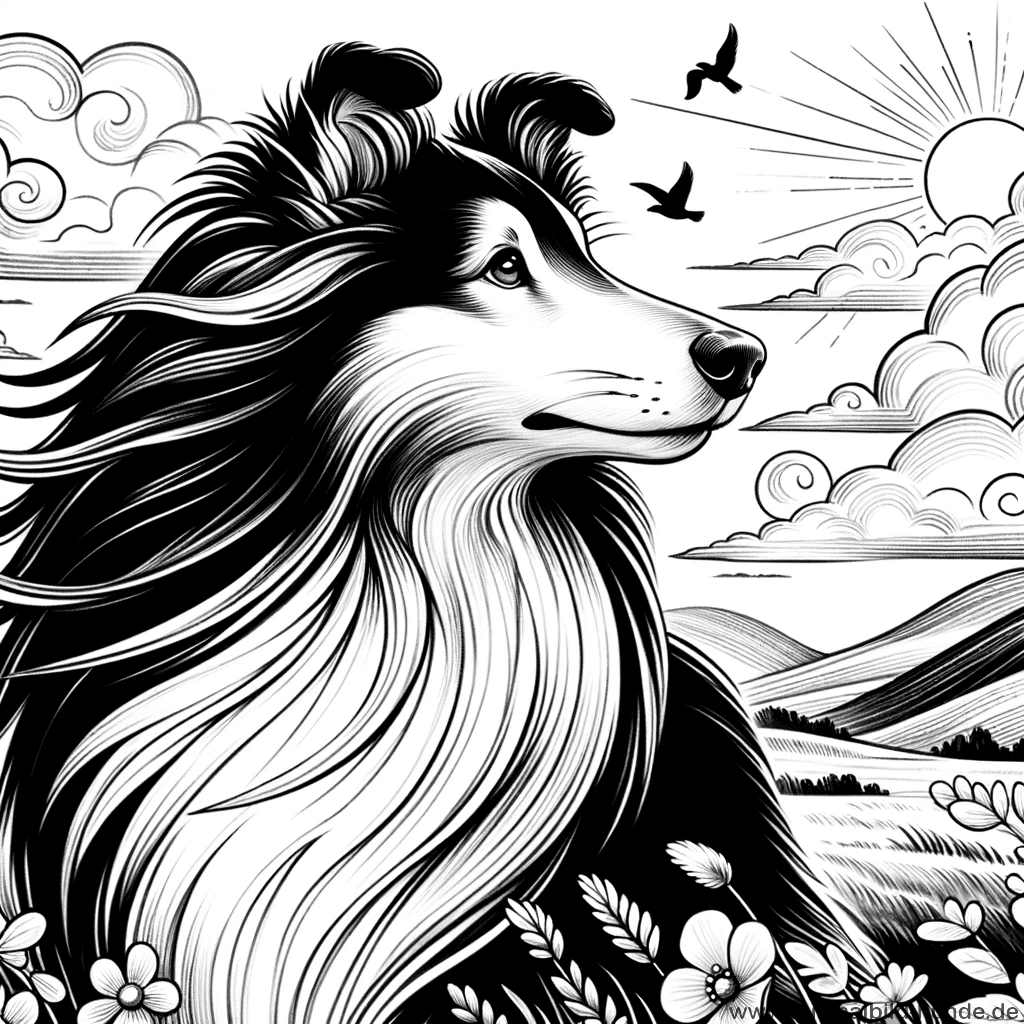 Ausmalbild Hunde Collie - Milos Tanz mit dem Wind