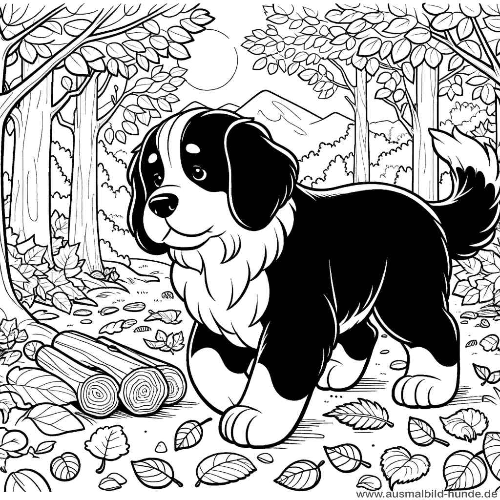 Ausmalbild Hunde Berner Sennenhund - Rocky im Herbstwald