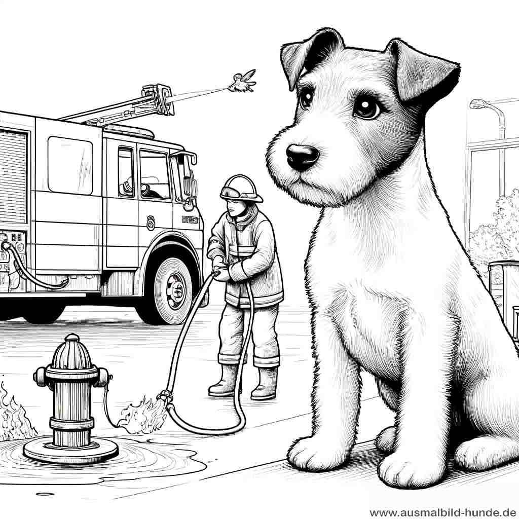 Ausmalbild Hunde Fox Terrier Lottis Tag bei der Feuerwehr